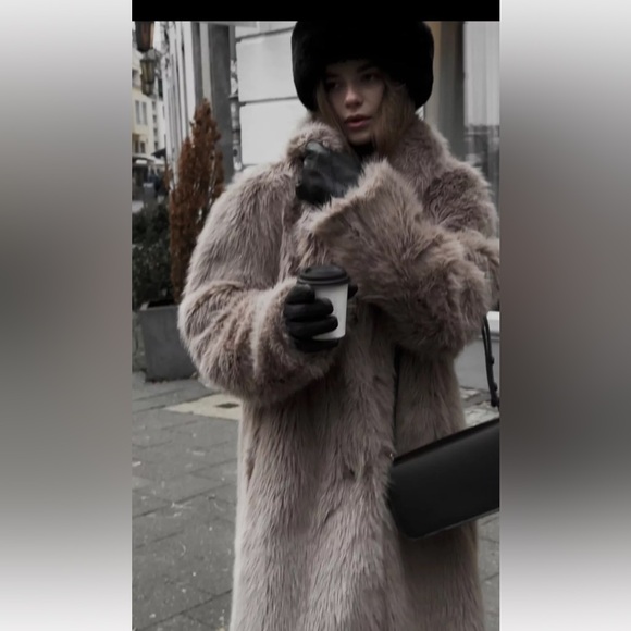 ZARA TAUPE GRAY LONG FAUX FUR COAT - Picture 2 of 16